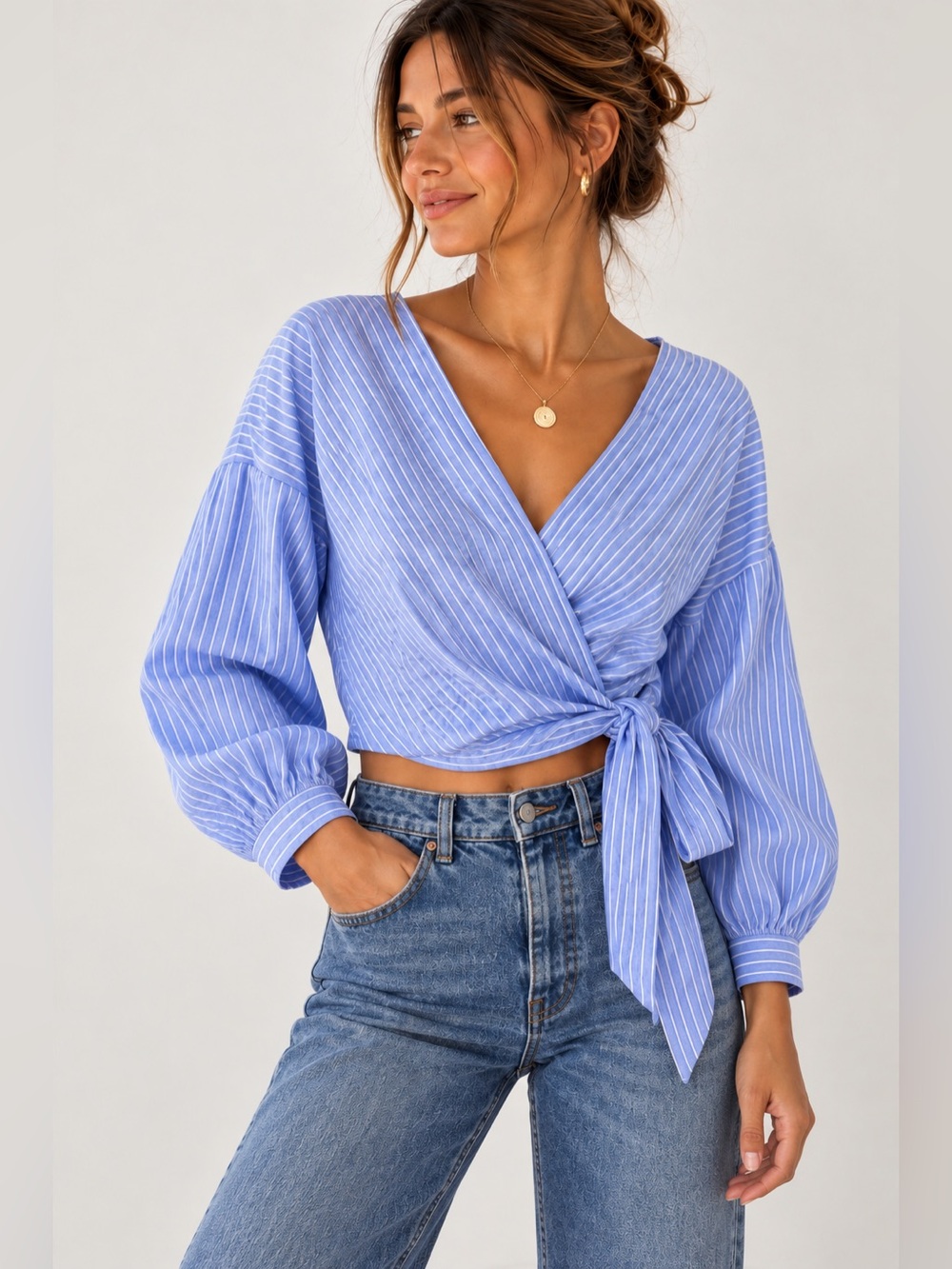 Zara Blue White Stripe Wrap Tie Crop Blouse Top Size S